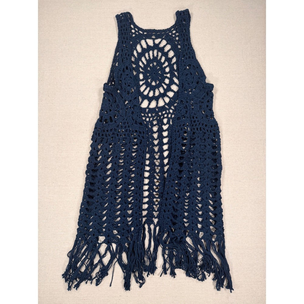 Handmade Navy Blue Crochet Fringe Vest Mandala Boho Open Knit Cardigan